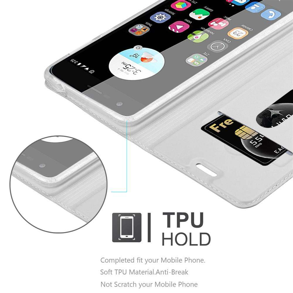 Teléfono en funda folio blanca, abierto para mostrar pantalla y tarjeta. El texto dice 'TPU HOLD'.
