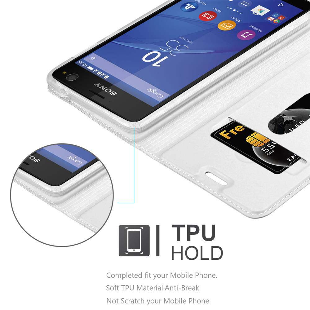 Schwarzes Telefon in einer weißen Hülle mit weißem Innenraum und Kreditkarte.