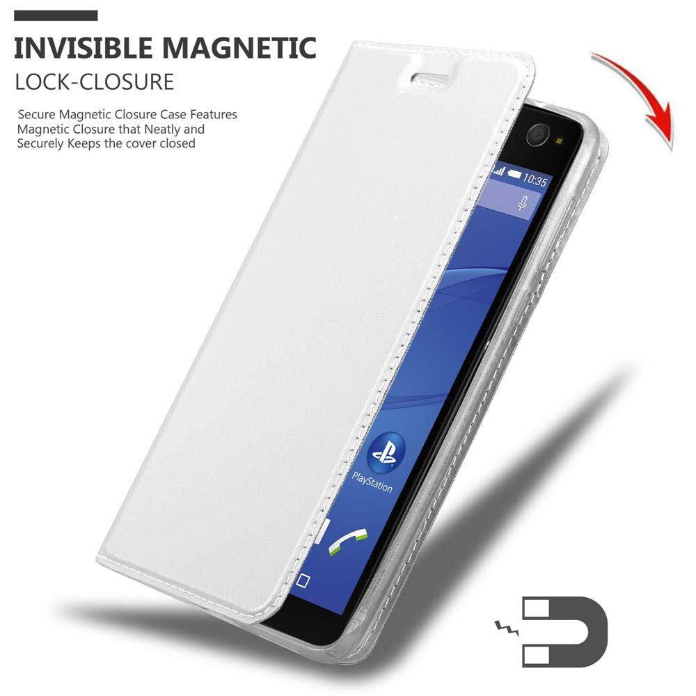 Weiße Handyhülle mit Telefon im Inneren. Die Hülle ist geöffnet und zeigt den Bildschirm mit Blau und Playstation-Logo.