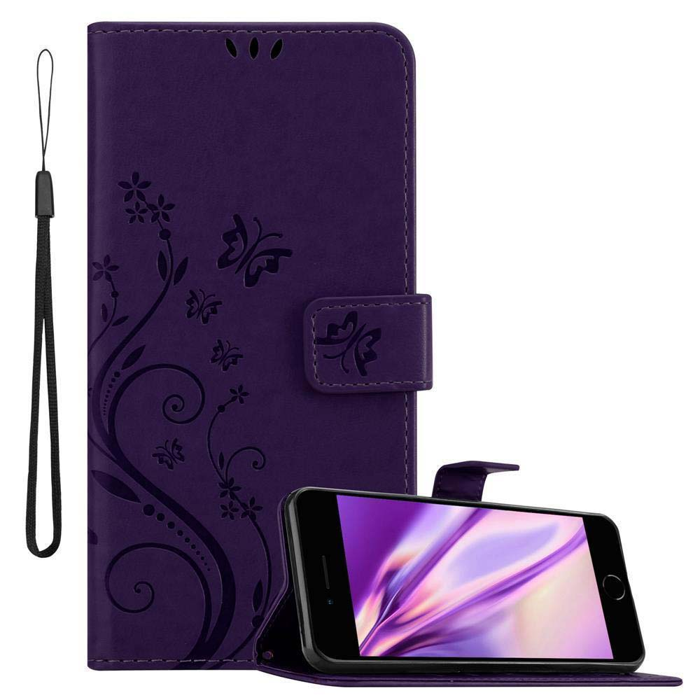 Lila Handyhülle mit Schmetterlingsdesign. Telefon innen mit lila Bildschirm.