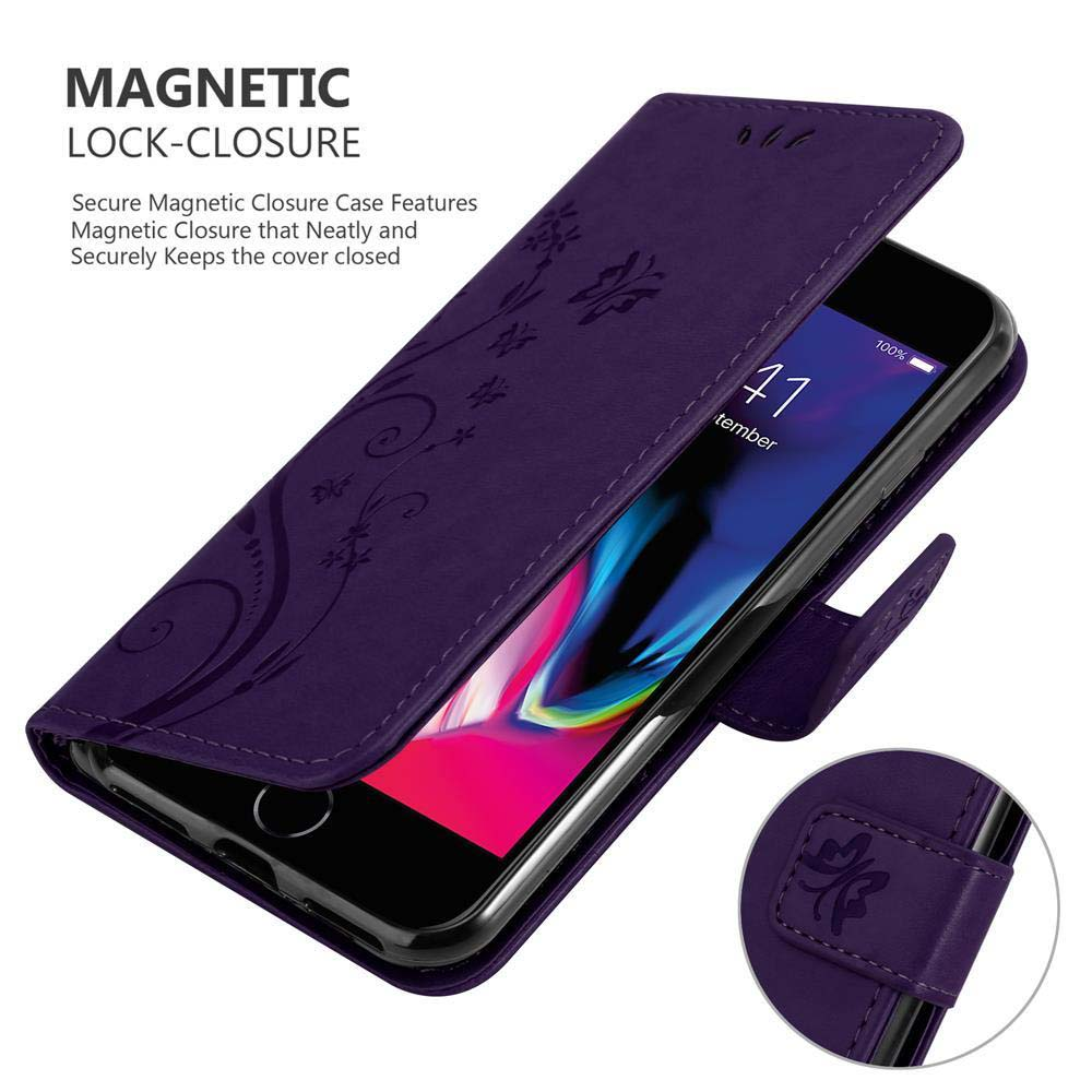 Lila Handyhülle mit floralem Design, geöffnet, um ein Telefon zu zeigen. Ein kleiner, runder Knopf ist sichtbar.