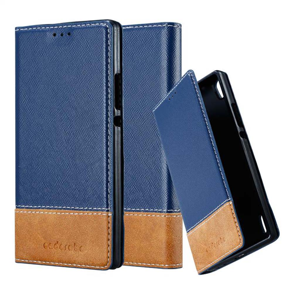 Funda azul para teléfono con parte inferior marrón. La marca 'cadorabo' está impresa en la parte marrón. Costuras blancas.