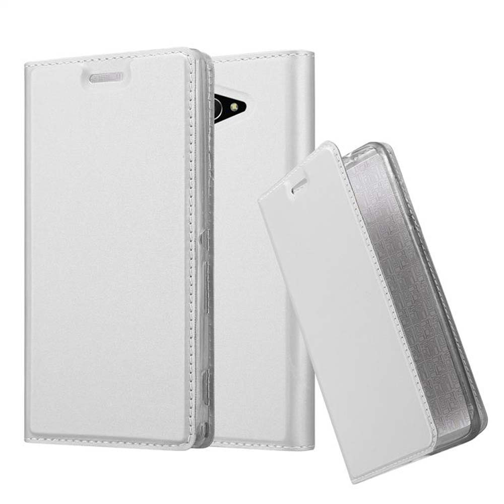 Weiße Handyhüllen. Eine offen, Telefon zeigend. Eine andere Hülle im Hintergrund.