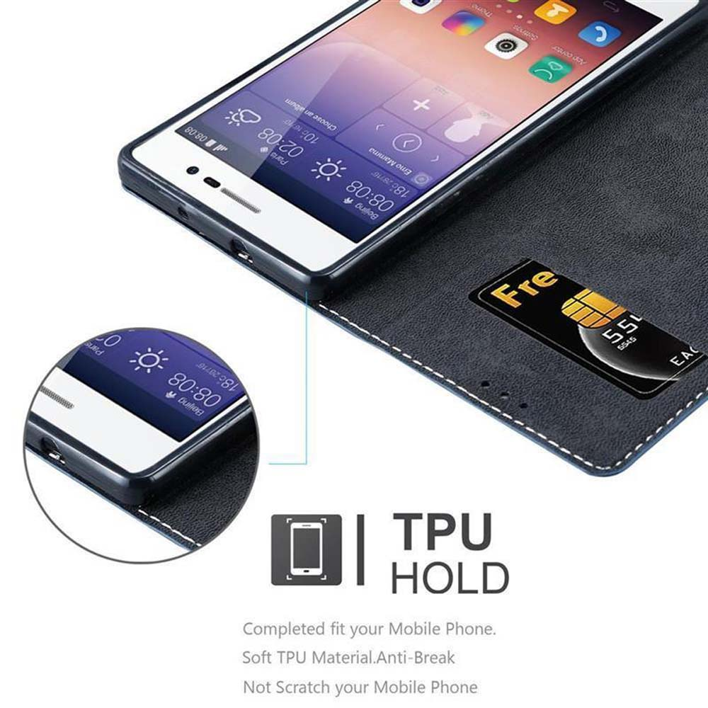 Teléfono en funda negra con tarjeta SIM negra. La pantalla muestra la hora y el tiempo.