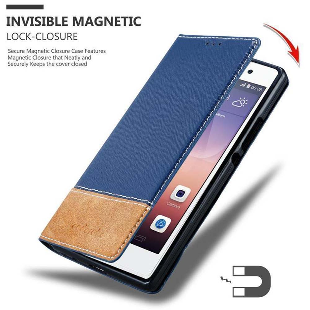Funda de teléfono azul con teléfono dentro, abierta. La pantalla muestra aplicaciones y un icono del tiempo, con logo imán.