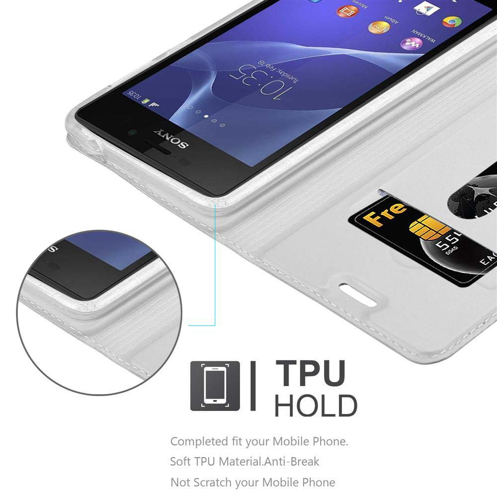 Ein Telefon befindet sich in einer weißen Hülle mit einer Kreditkarte. Text: TPU-Halterung.