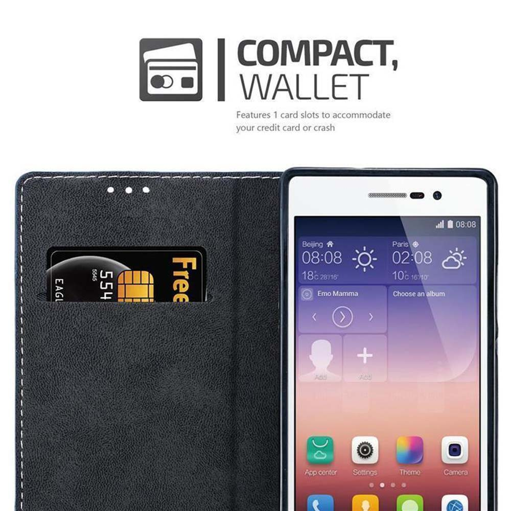 Cartera de cuero negro con ranura para tarjeta, teléfono y texto 'Compact Wallet'.