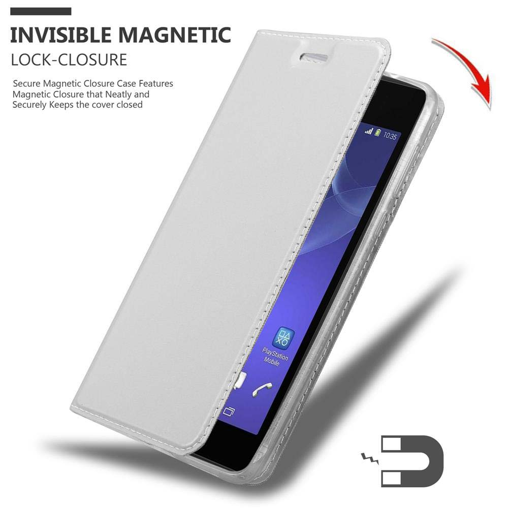 Weisse Handyhülle, offen mit Handy, Hand hält, Magnetverschluss.