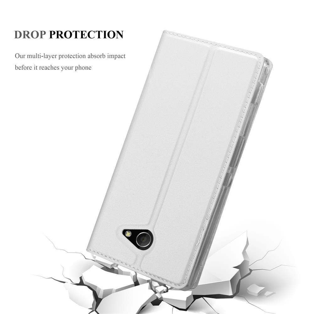 Weiße Handyhülle mit einem Telefon darin. Es ist gerissen und der Boden befindet sich auf weißem Hintergrund.