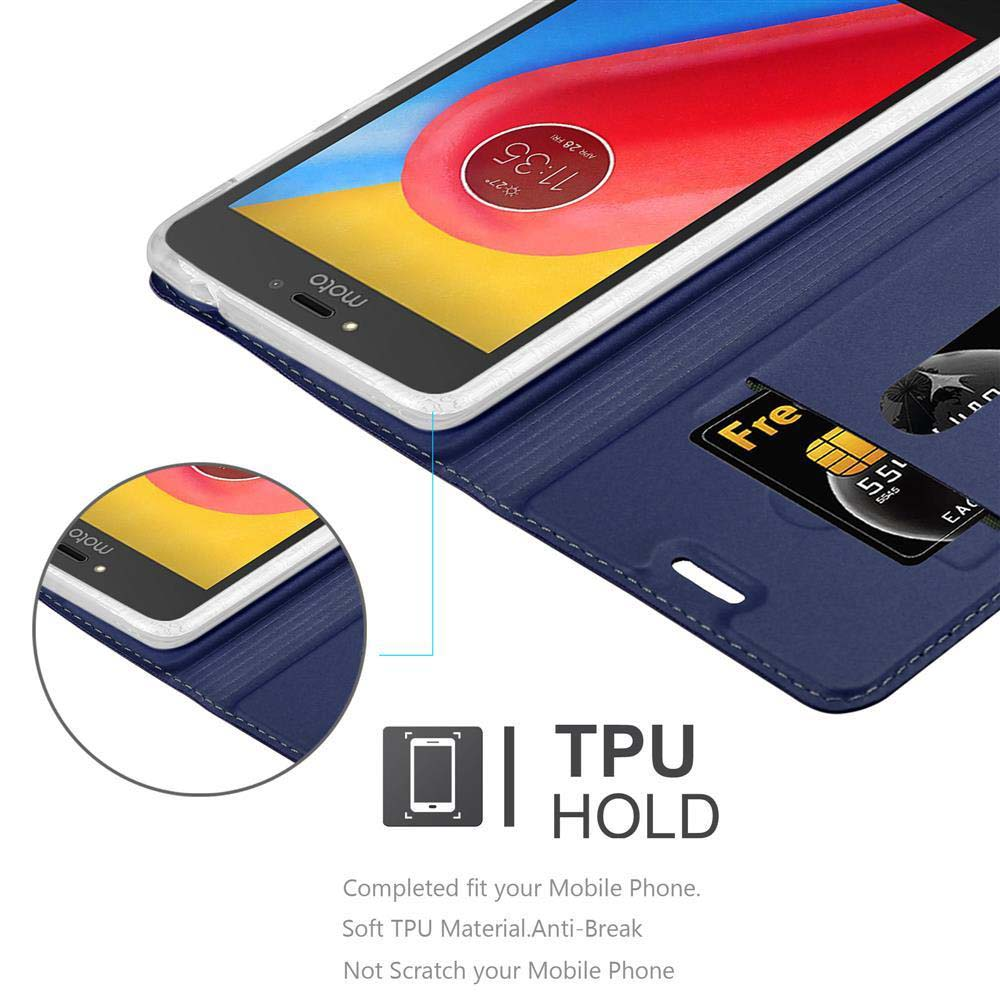 Eine blaue Handyhülle mit Telefon, Karte und Ansicht des Bildschirms.