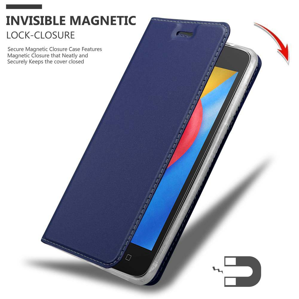 Telefon in einer blauen Hülle mit Magnetverschluss. Die Hülle ist geöffnet und zeigt den Telefonbildschirm.