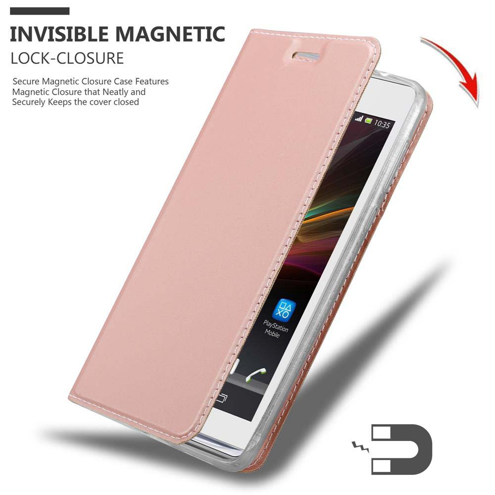 Ein Telefon mit geöffnetem rosa Gehäuse, Text: Invisible Magnetic Lock-Closure, und ein Magnet-Symbol.