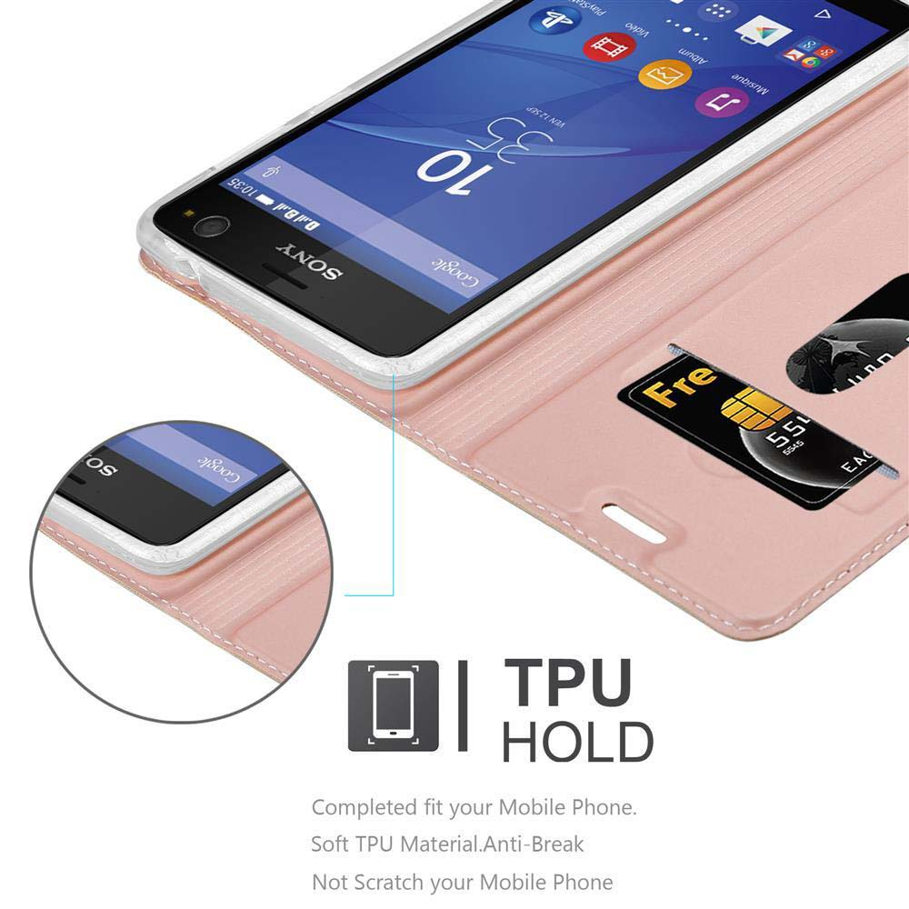 Telefon in einer Hülle mit Kartenfach. Die Hülle ist offen und zeigt eine Karte. Der Bildschirm zeigt eine Uhr.