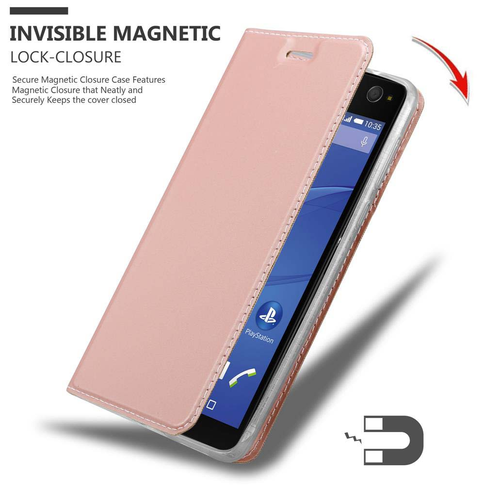 Rosa Handyhülle geöffnet, um einen Telefonbildschirm freizugeben. Magnetischer Verschluss wird erwähnt.