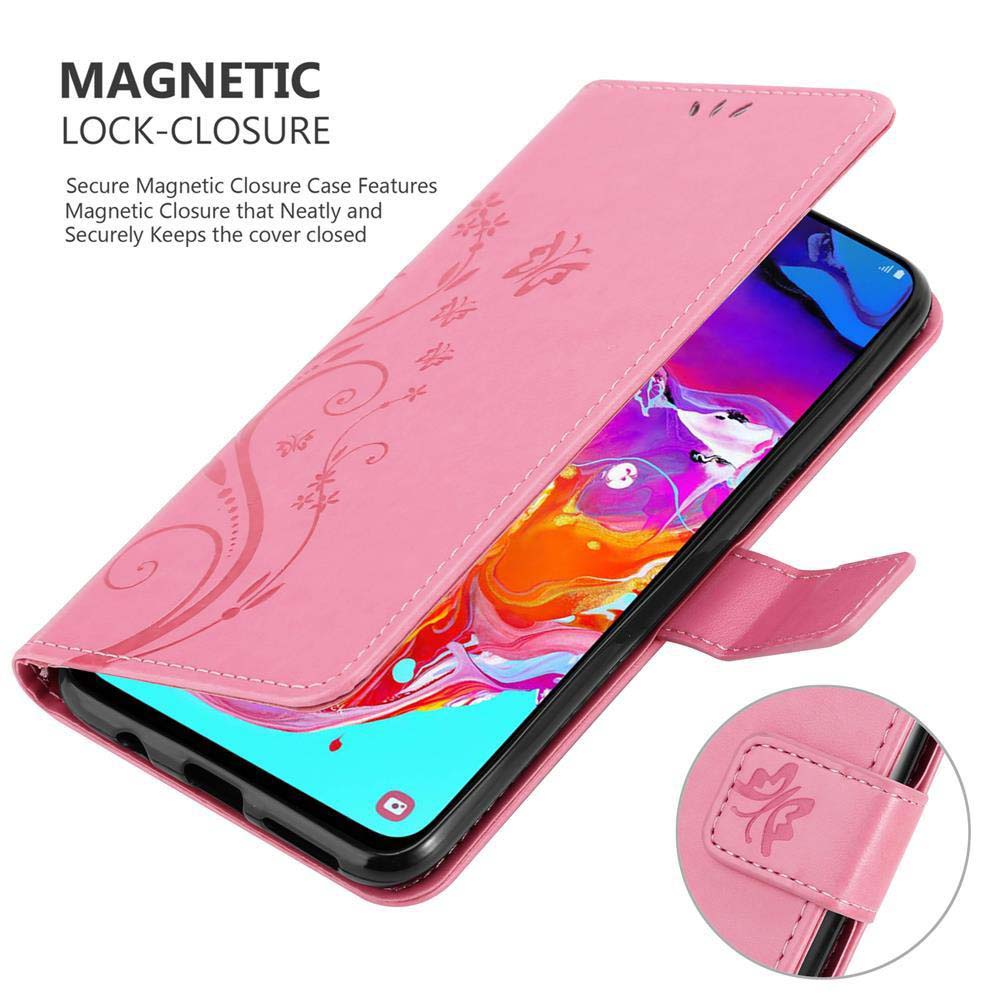 Custodia per telefono rosa aperta con un design floreale. Lo schermo è visibile e un cinturino è attaccato.