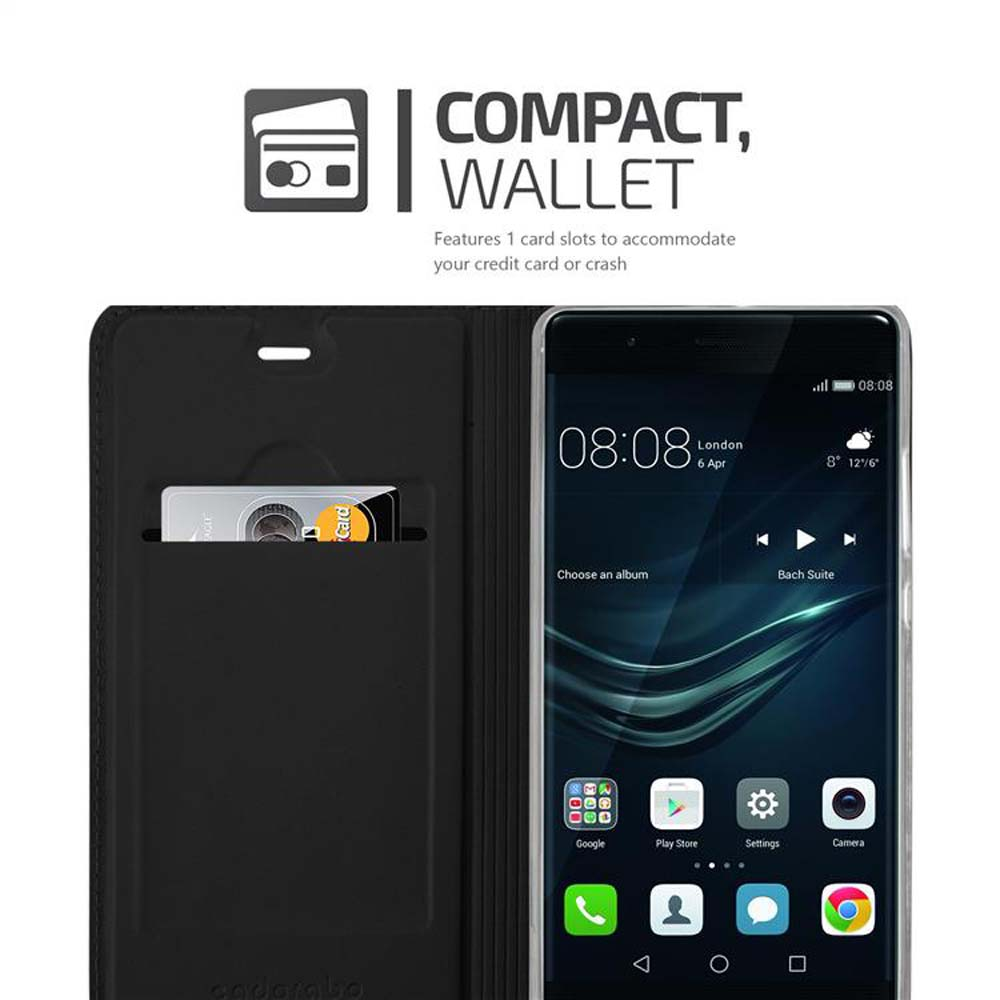 Smartphone in blauer Brieftasche mit Kartenfach. Text: Kompakte Brieftasche.