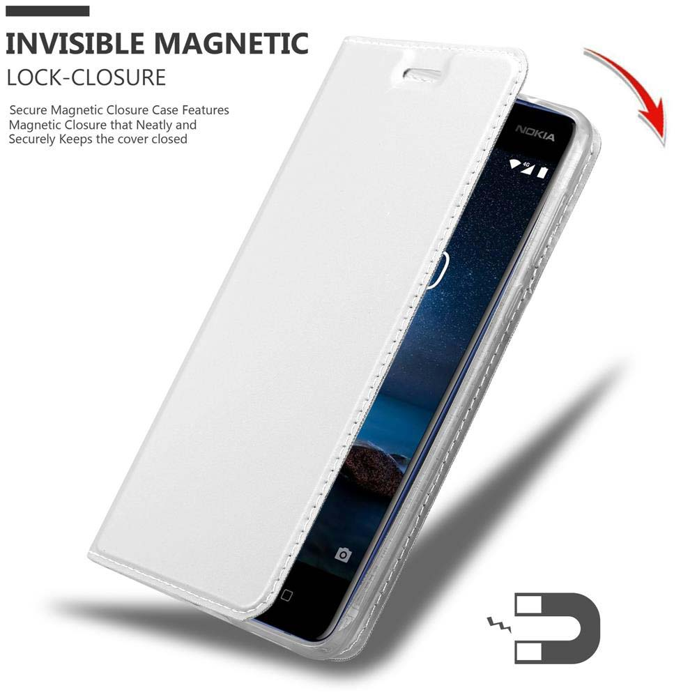 Viene mostrata una custodia per telefono bianca. La custodia è chiusa con una chiusura magnetica invisibile. Un telefono Nokia è all'interno.