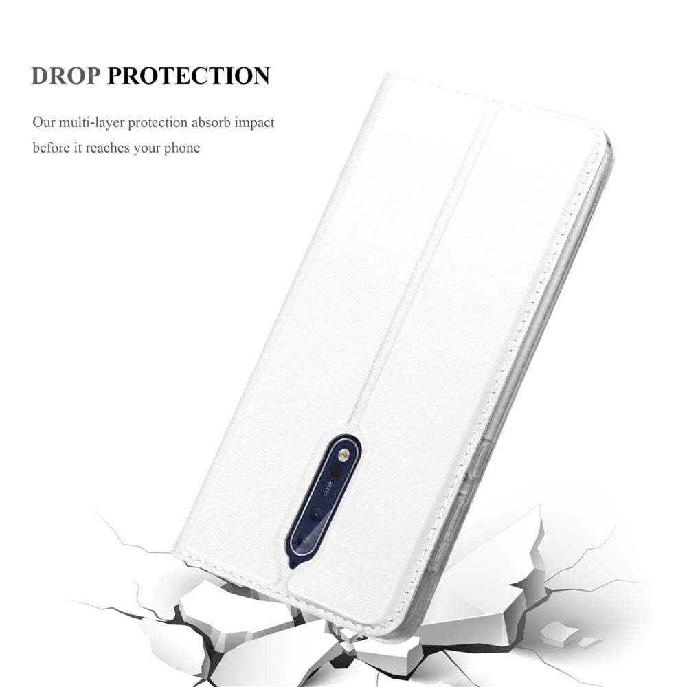 Custodia bianca per telefono con telefono. Testo: Drop Protection. Telefono dentro la custodia.