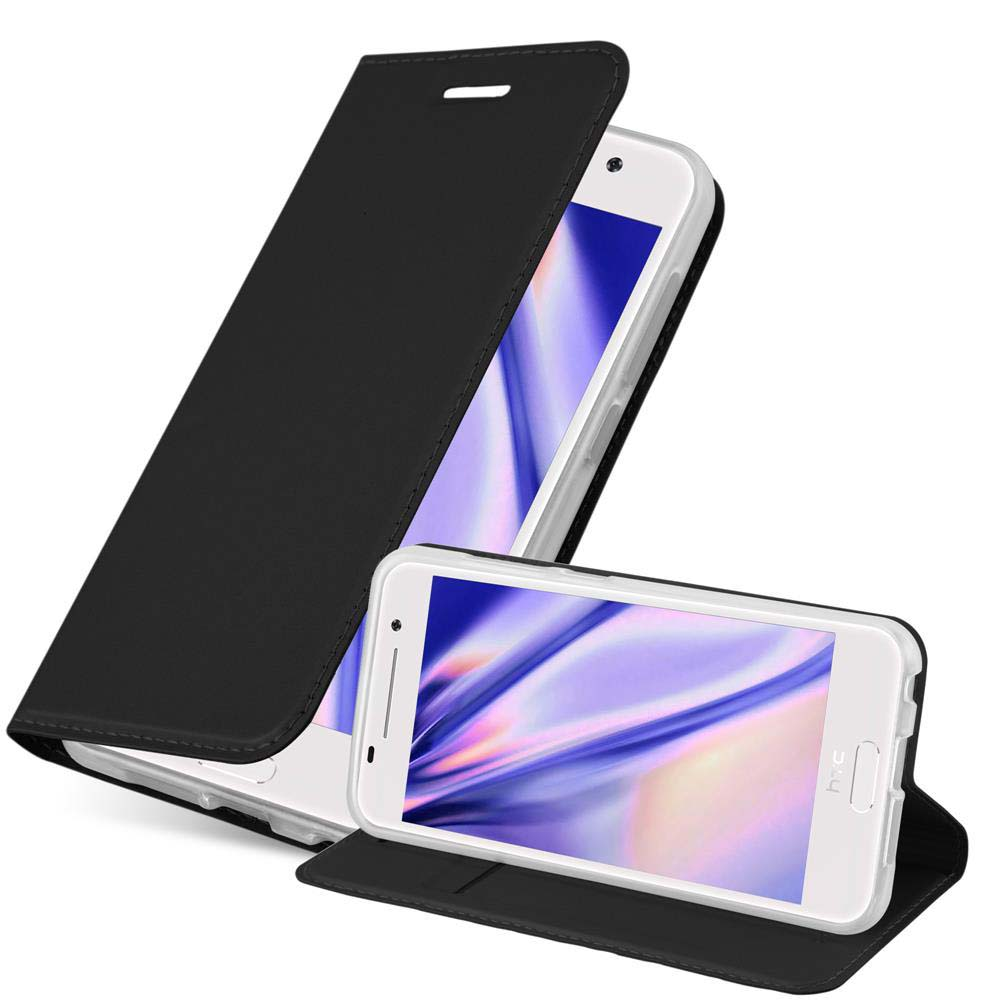 Custodia nera con telefono dentro. La custodia è a flip cover. Il telefono mostra l'ora.