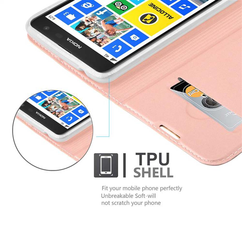 Un telefono è aperto e in una custodia rosa. La custodia è aperta e lo schermo del telefono è visibile.