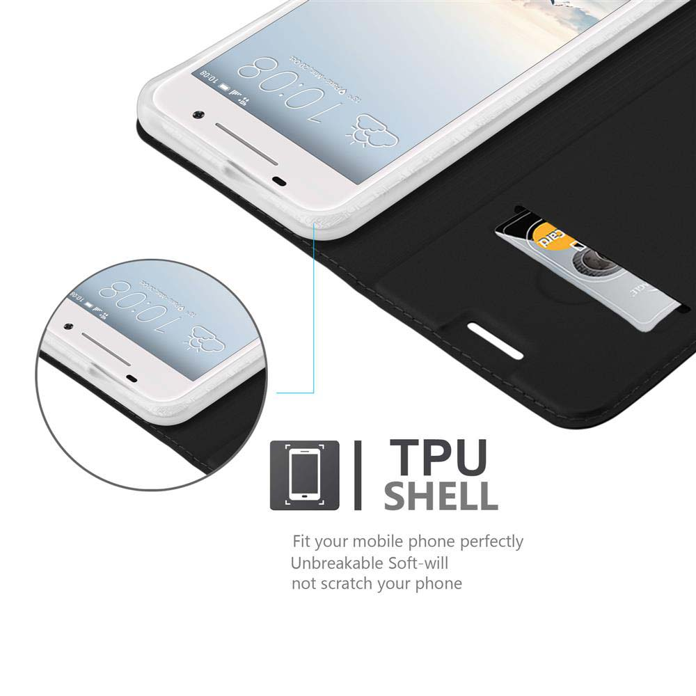 Telefono bianco in una custodia nera con fessura per carte. Lo sfondo è bianco. Ha un guscio in TPU.