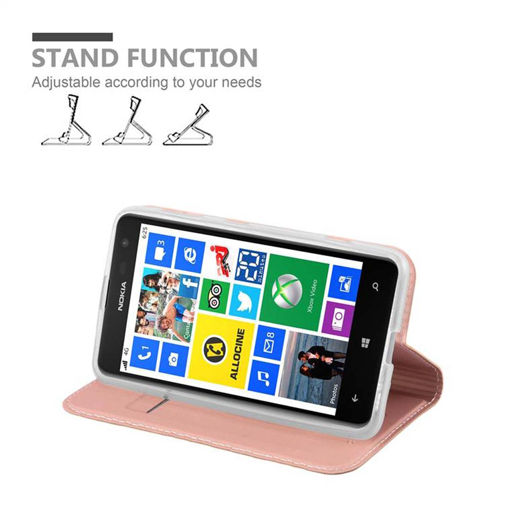 Un telefono sollevato come supporto. Custodia rosa. Testo: Funzione supporto. Sfondo: Bianco.