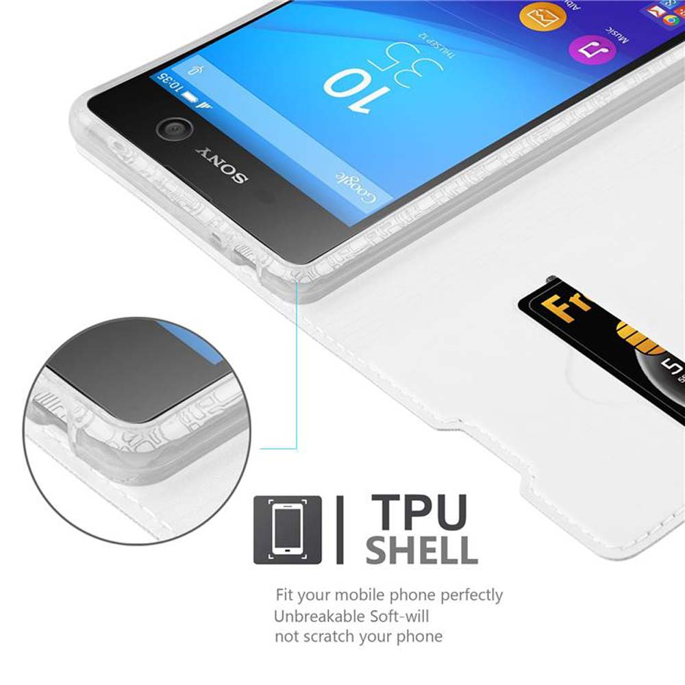 Teléfono en una funda. La funda es blanca y muestra los detalles del teléfono.