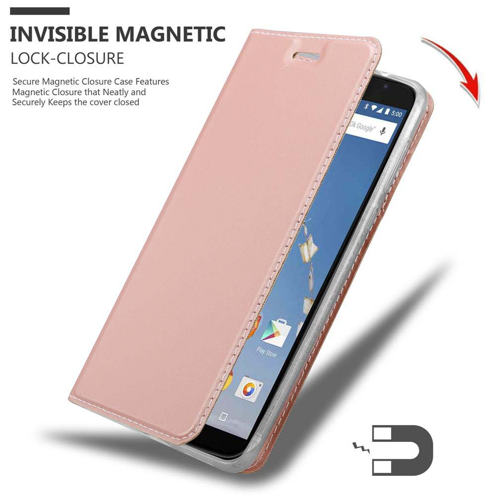 Funda folio rosa abierta para mostrar la pantalla del teléfono. El texto dice 'INVISIBLE MAGNETIC LOCK-CLOSURE'.