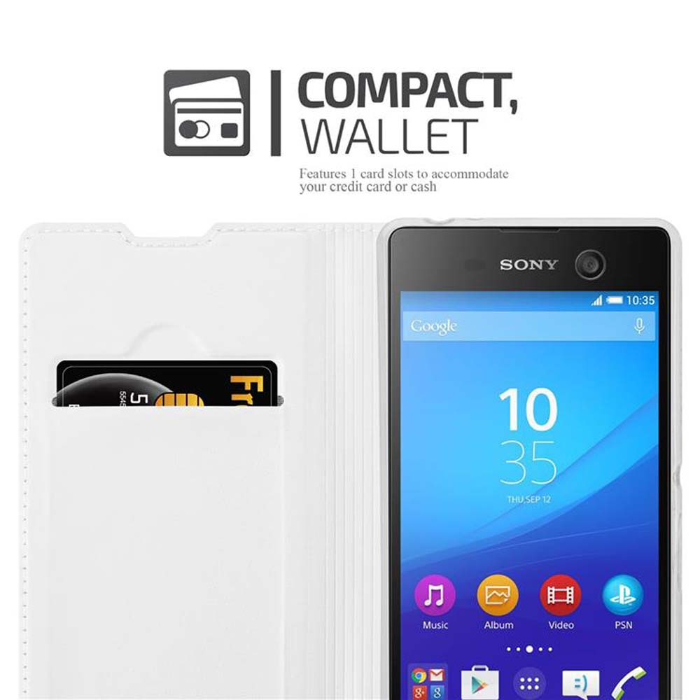 Funda blanca para teléfono con un teléfono dentro. Texto: Cartera Compacta. El teléfono muestra la hora e iconos de aplicaciones. Incluye tarjeta.