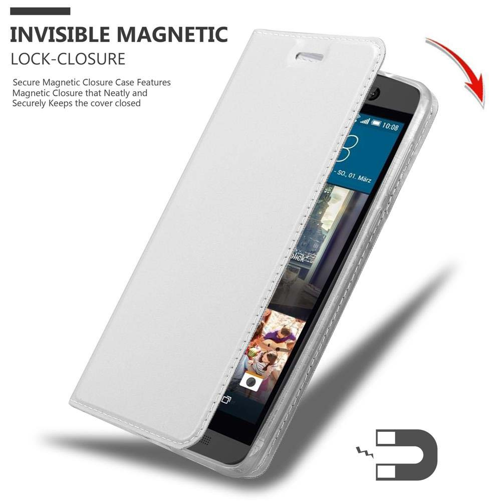 Custodia bianca per telefono con chiusura magnetica. Lo schermo mostra un'immagine. Un magnete è in basso.