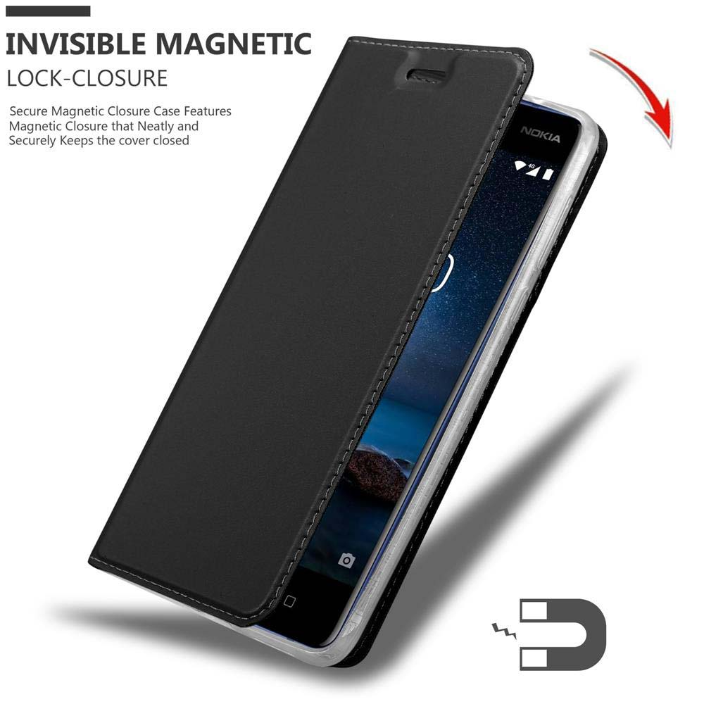 Una custodia per telefono nera aperta, con un telefono all'interno e il testo 'INVISIBLE MAGNETIC LOCK-CLOSURE'.