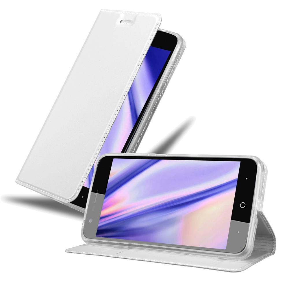 Dos fundas blancas para teléfono, una abierta. El teléfono está en posición vertical, con una pantalla negra.