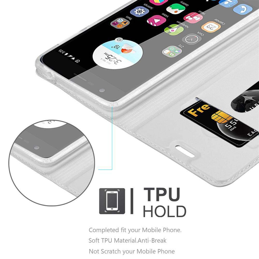 Un teléfono blanco en una funda blanca con una tarjeta de crédito dentro. Un primer plano del teléfono está en un círculo.