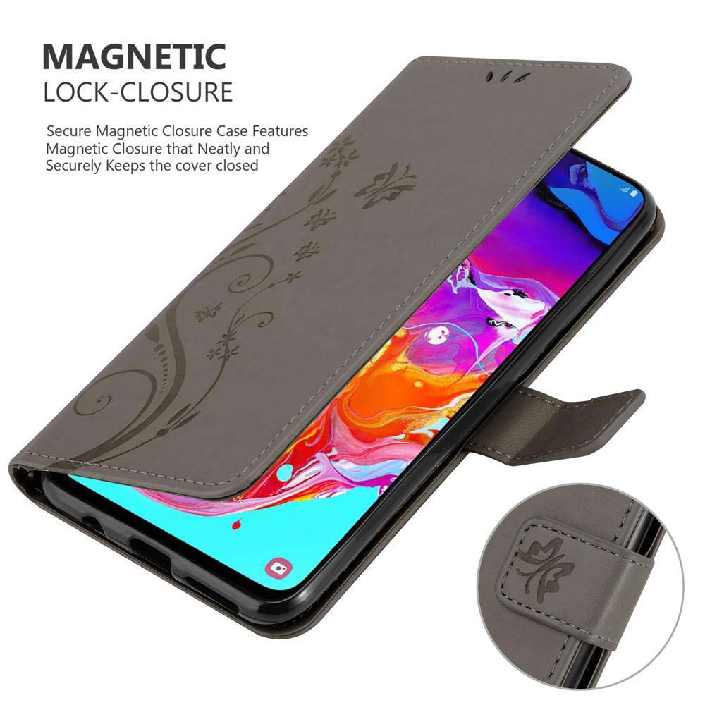 Custodia per telefono grigia con chiusura magnetica. C'è un telefono all'interno e sono mostrati dettagli floreali.