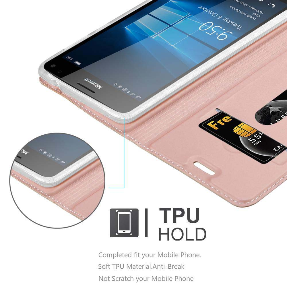 Telefono in custodia rosa, aperto, mostra lo schermo e una carta. Viene mostrato il supporto TPU.