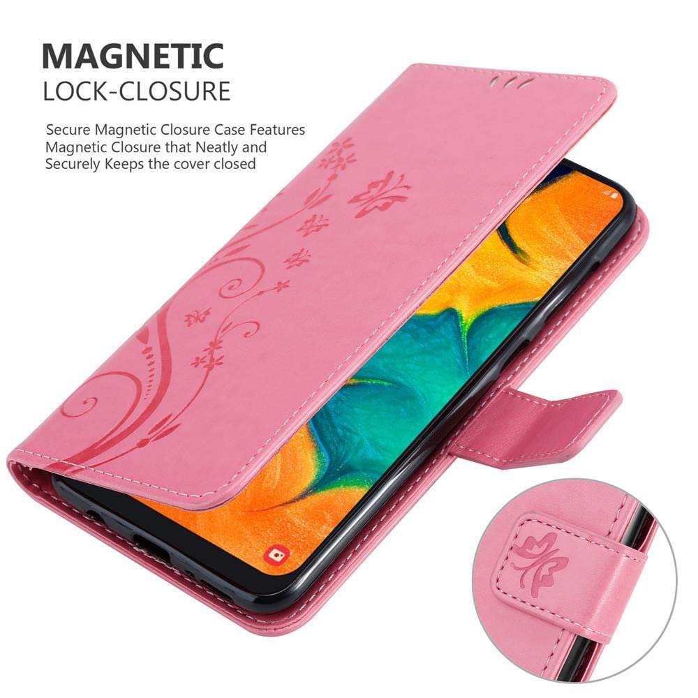 Custodia rosa con design floreale aperta, rivela un telefono all'interno.