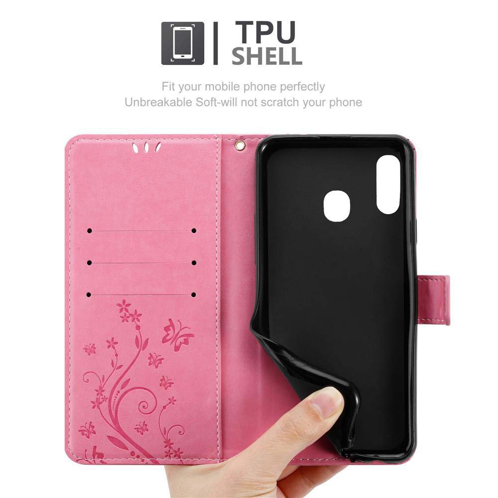 Portafoglio rosa per telefono aperto, con un telefono all'interno. Lo schermo mostra il testo TPU SHELL.