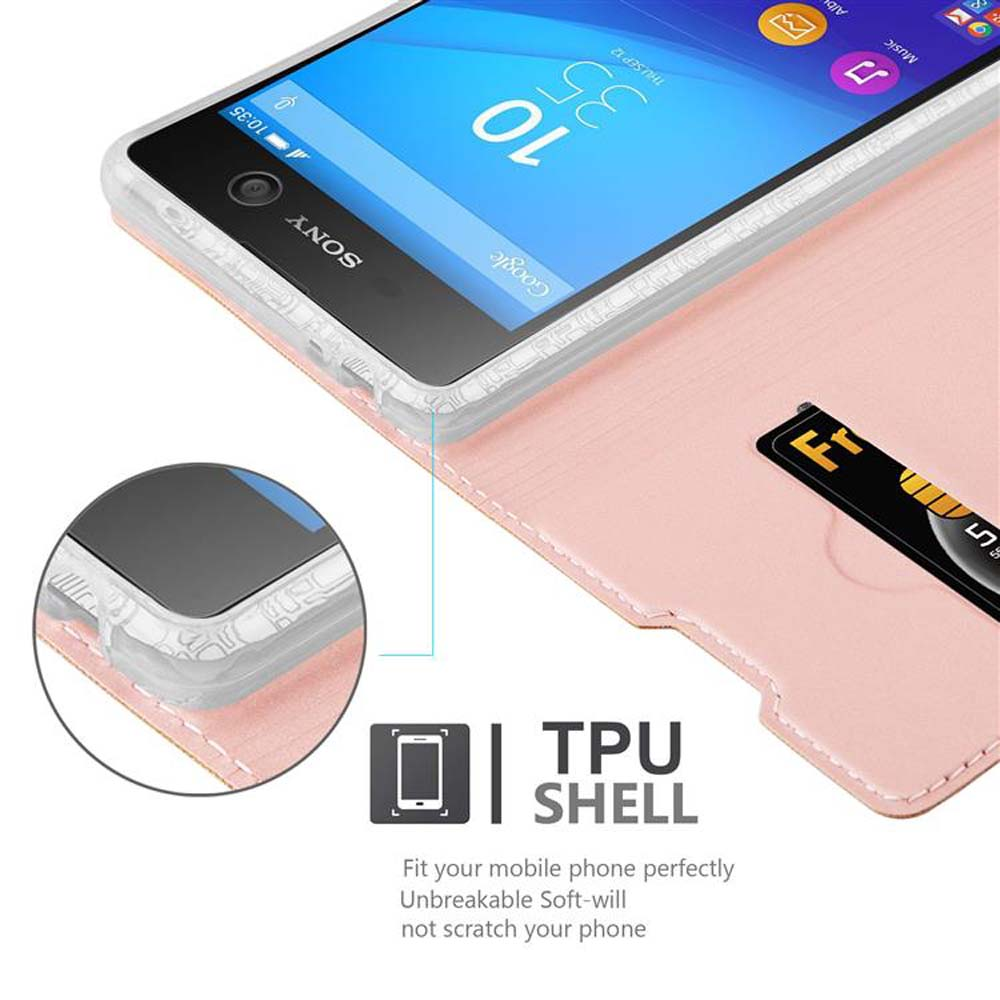 Smartphone en una funda rosa con una tarjeta. El teléfono muestra una pantalla con una imagen y la hora.