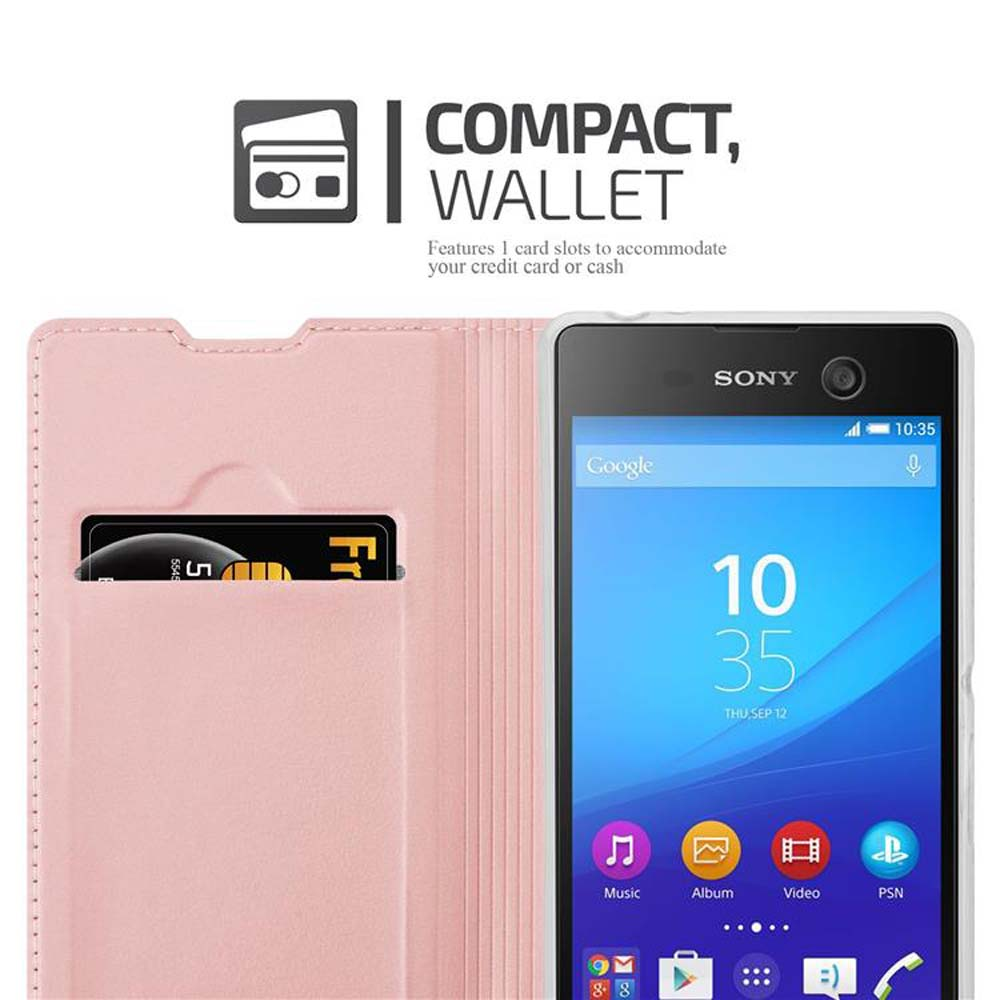 Funda de teléfono rosa con teléfono, ranura para tarjeta, mostrando la función de billetera compacta y el teléfono.