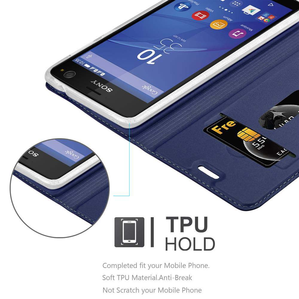 Telefon in blauem Case, geöffnet, mit Kartenfach und Karte. Zeigt die Uhrzeit.