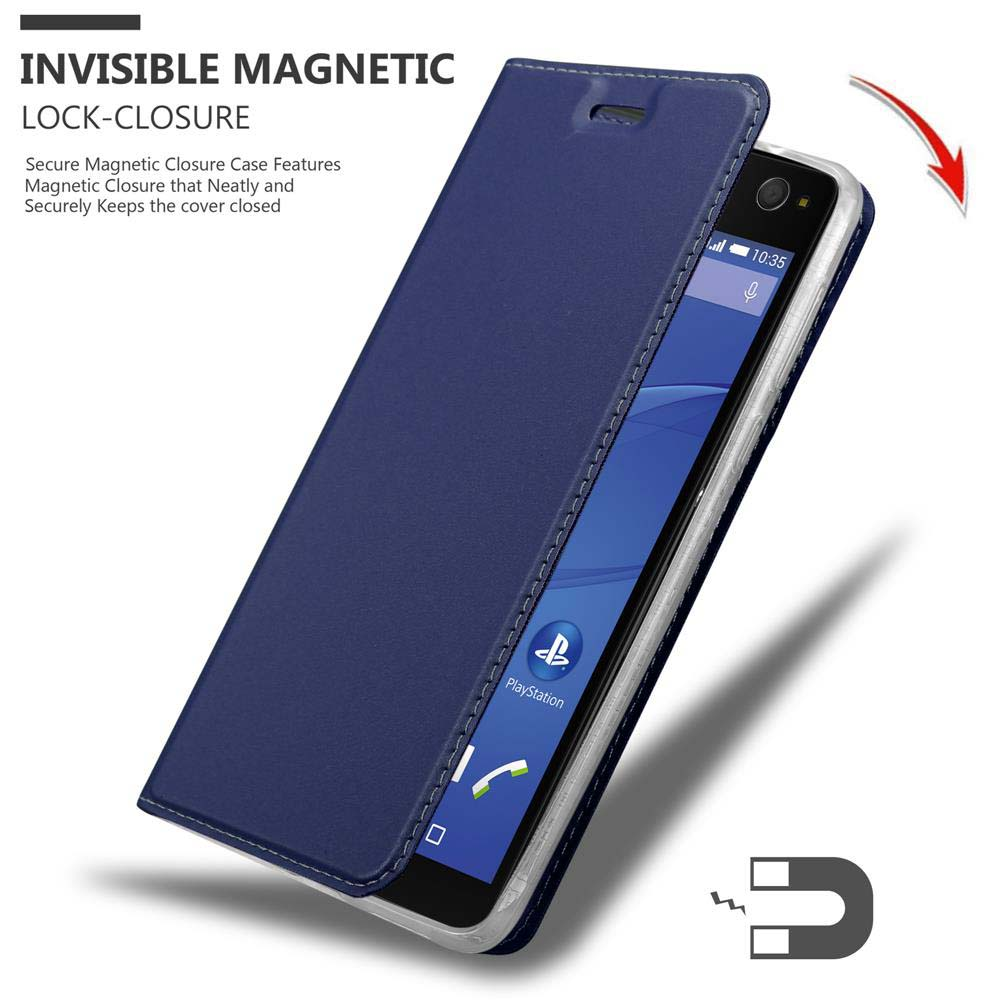 Blaue Handyhülle, geöffnet, zeigt Bildschirm mit Playstation-Logo. Magnetverschluss.