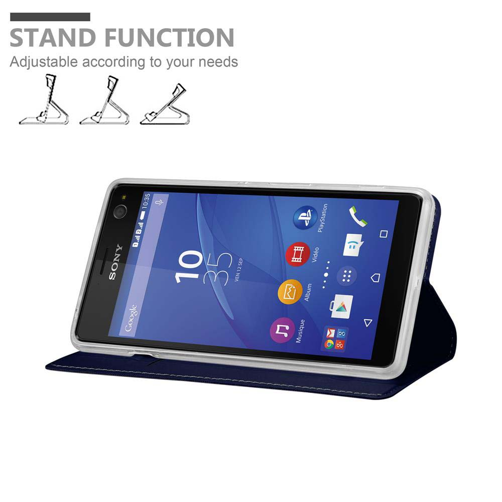 Sony-Telefon in einer Standhülle. Das Telefon zeigt die Uhrzeit und Apps an.