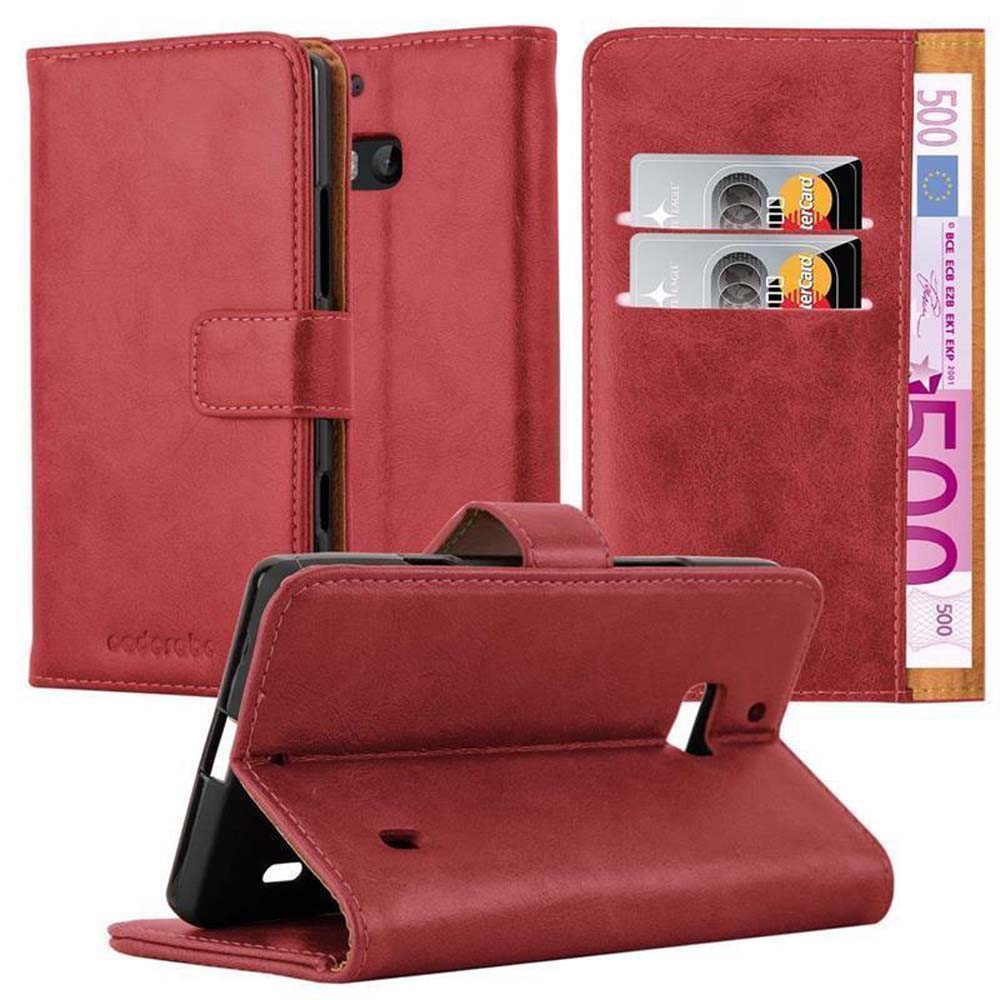 Funda de teléfono de cuero rojo, abierta y cerrada, con tarjetas y efectivo visibles.