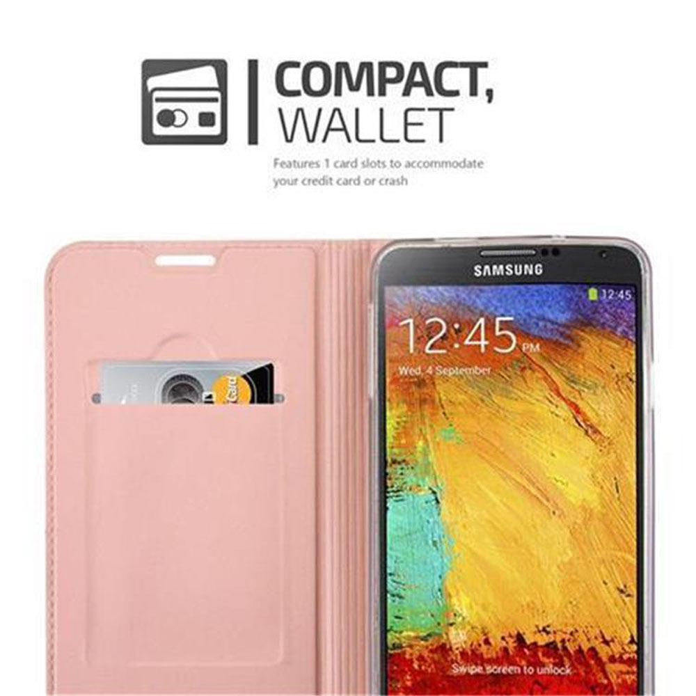 Telefon in Hülle, zeigt 12:45. Text 'Compact, Wallet'. Rosa Hülle mit Kreditkartenfach.