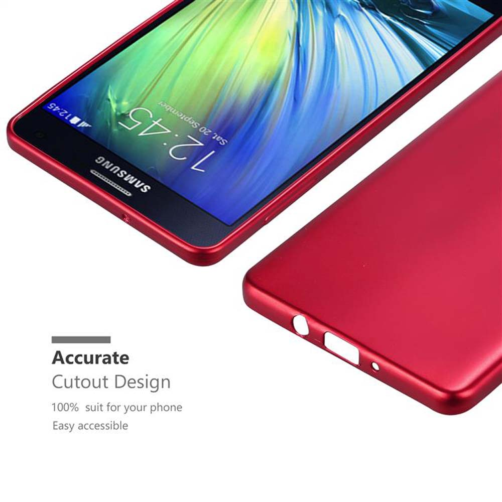 Teléfono rojo con funda roja. La pantalla muestra la hora y la fecha. La funda está sobre fondo blanco.