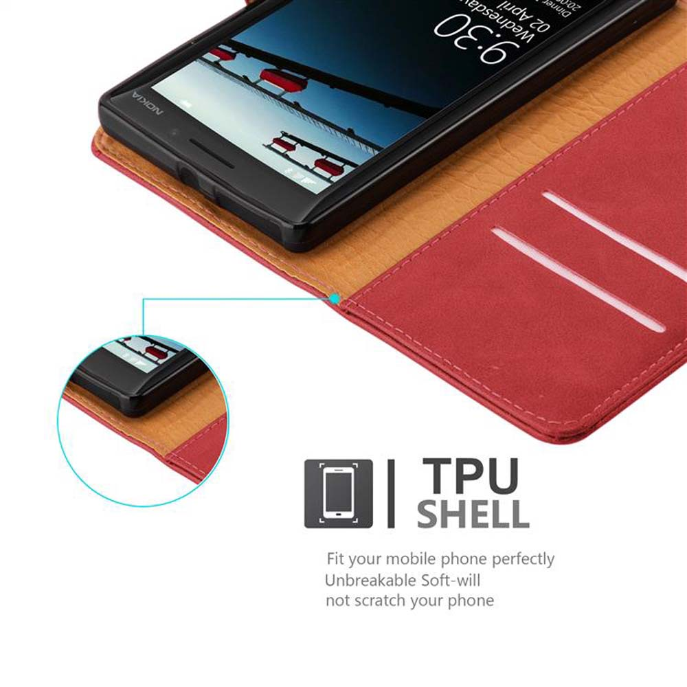Teléfono en funda roja. El texto etiqueta TPU HOLD y detalles de ajuste.