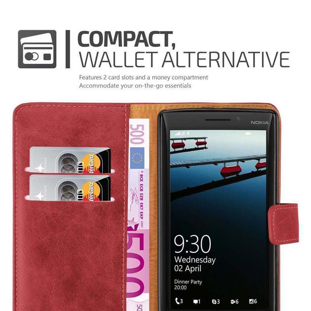 Una funda roja para teléfono con un teléfono y tarjetas dentro. El texto lo describe como una alternativa compacta a la cartera.