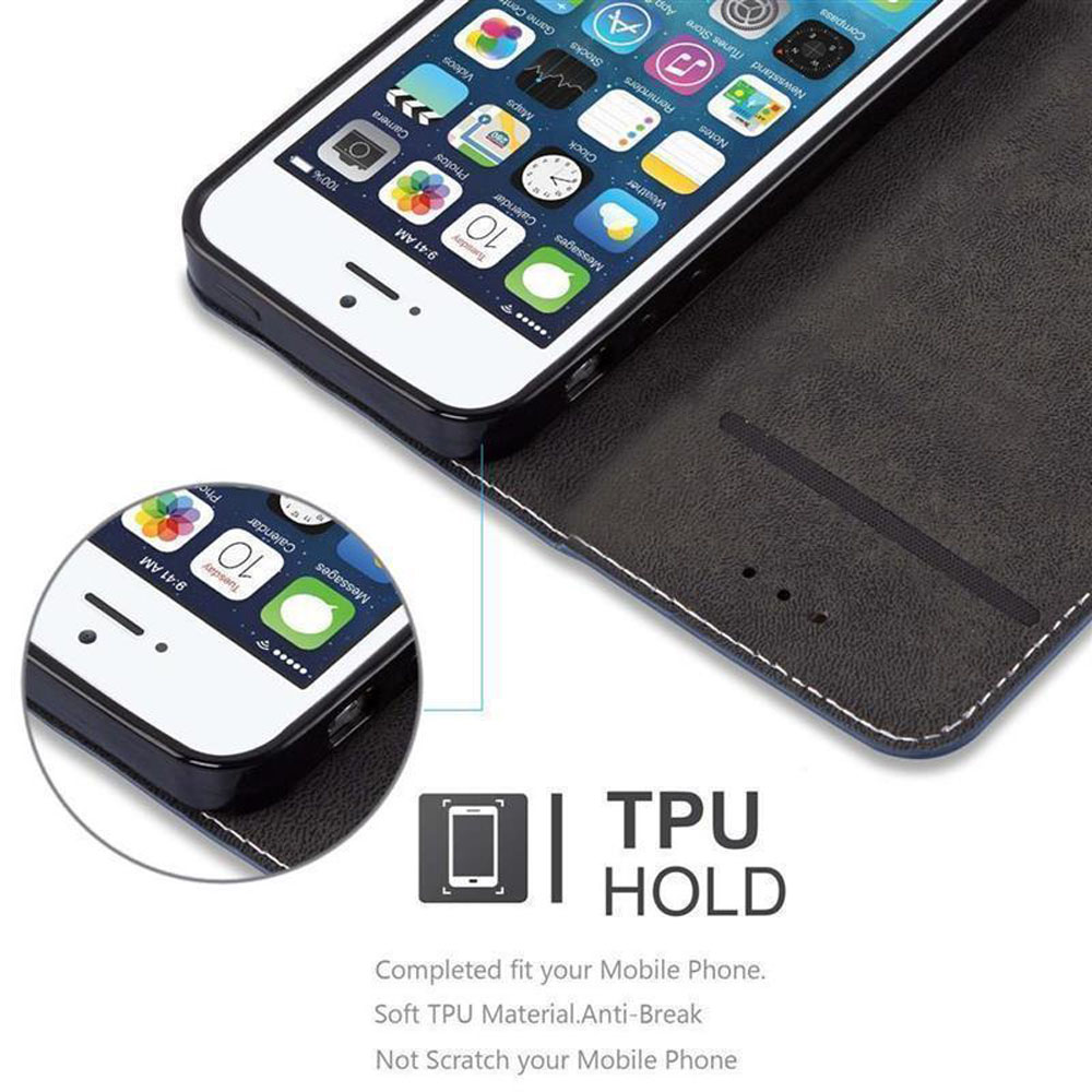 Telefono in una custodia a libro, con lo schermo del telefono che mostra il calendario.