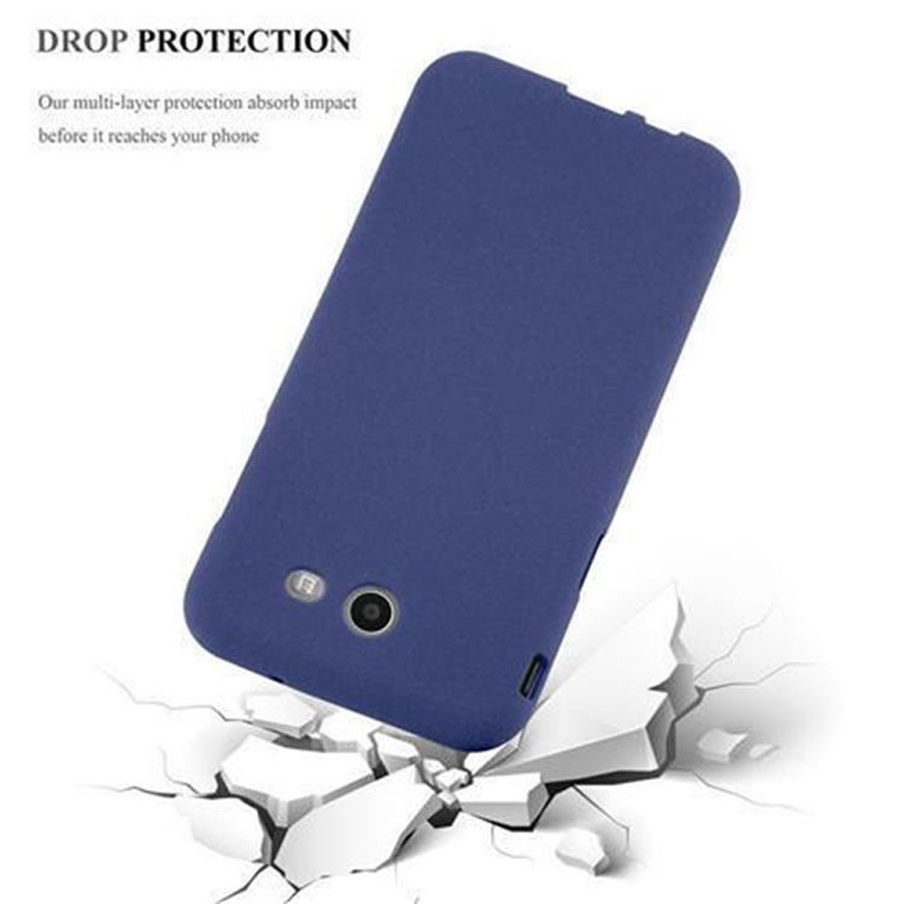 Custodia blu con telefono che cade a terra. Testo: PROTEZIONE CADUTA.