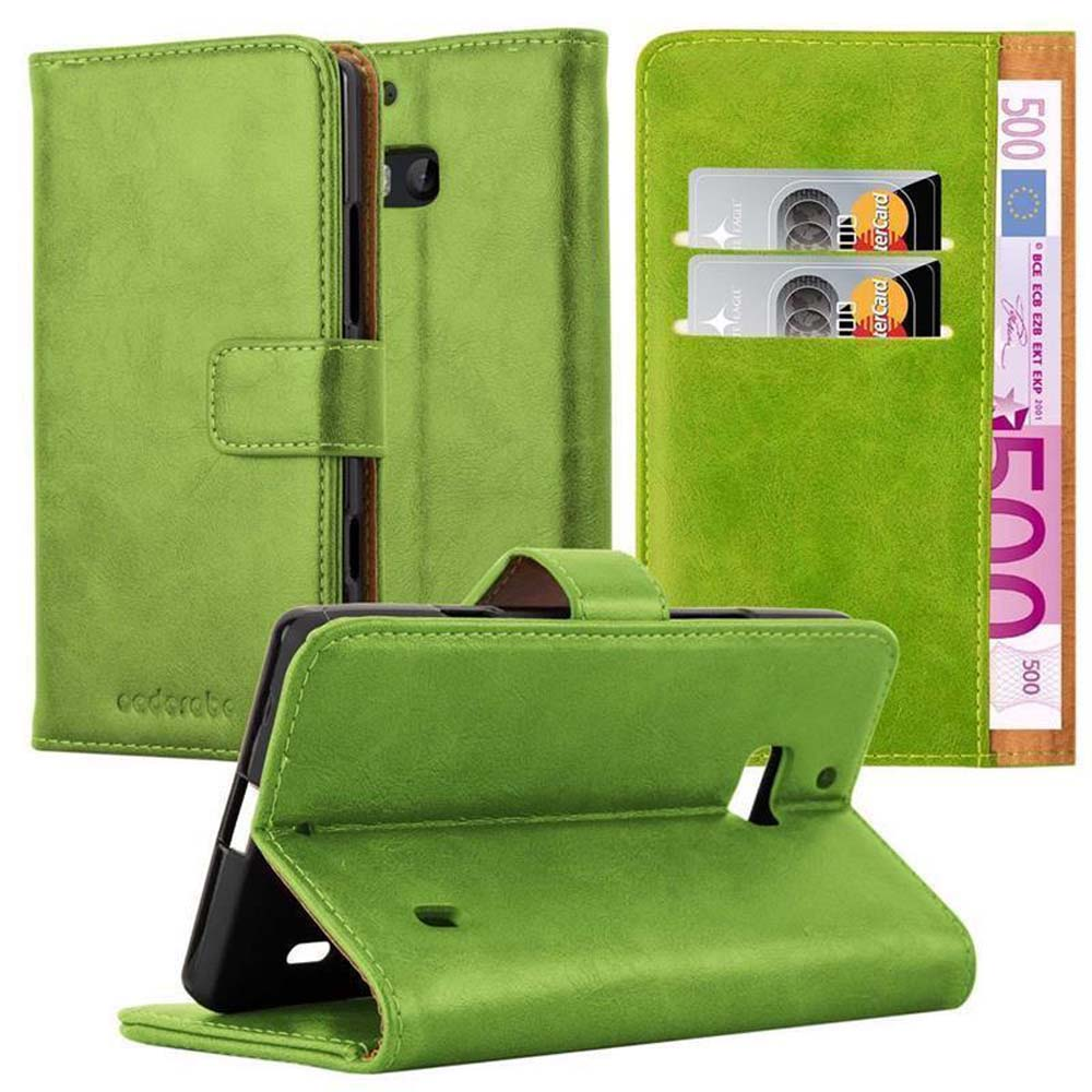 Funda de teléfono verde, abierta con ranuras para tarjetas, con teléfono y billete de 500 euros.